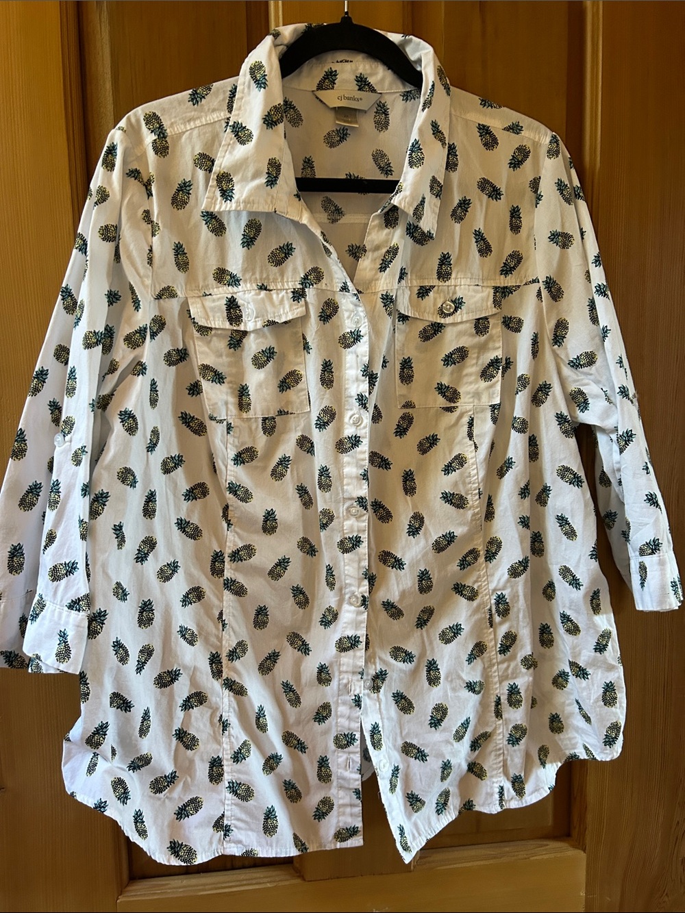 CJ Banks White Button-Down Shirt with Green Pineapple Print